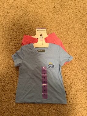 Eddie Bauer Light Blue 'Explore' Short Sleeve Tee with Coral Shorts
